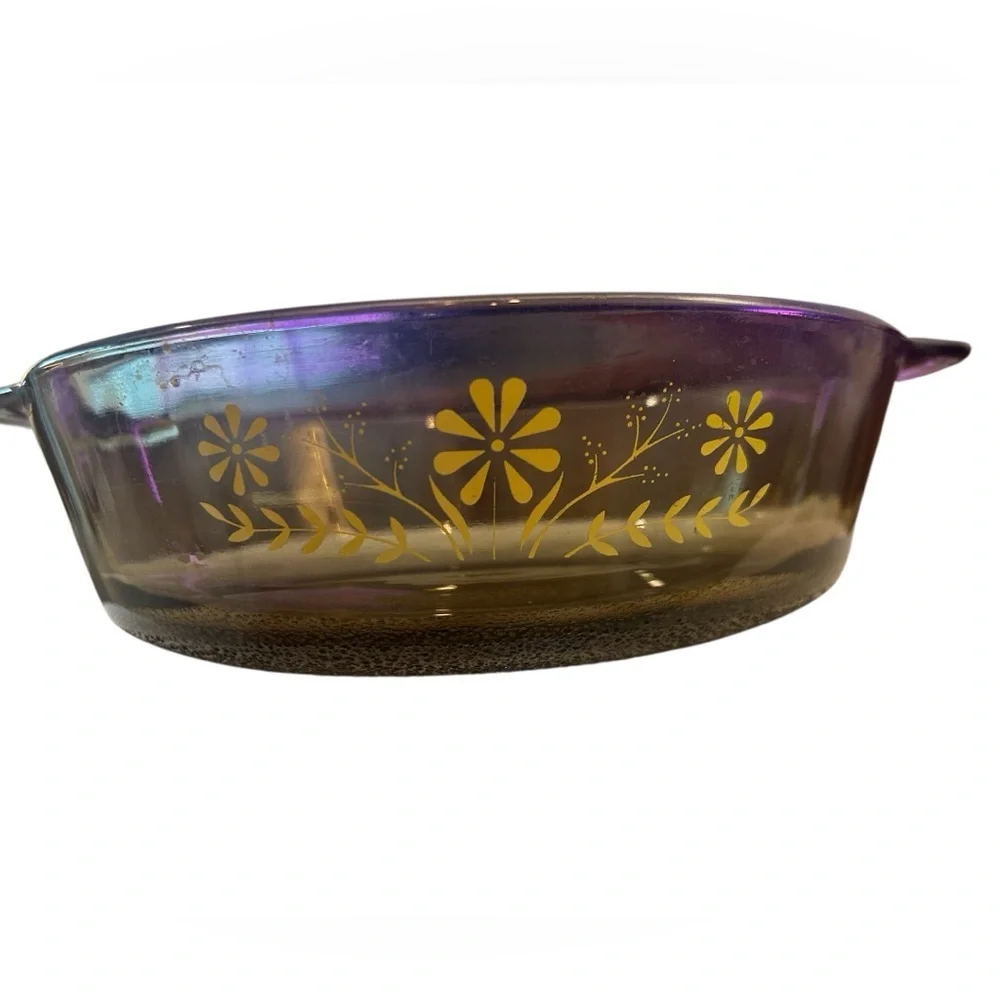Glassbake Amber Glass Casserole Dish‎ - Yellow Floral vintage